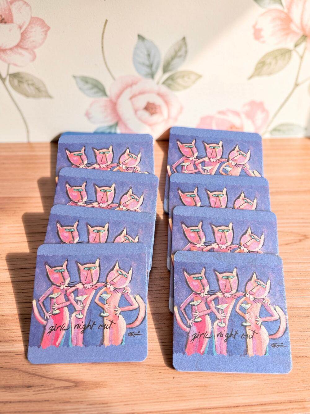 PaperKraft Girls Night Out Cat Coasters Set of 8 Pink Cats Cocktail Bar Decor